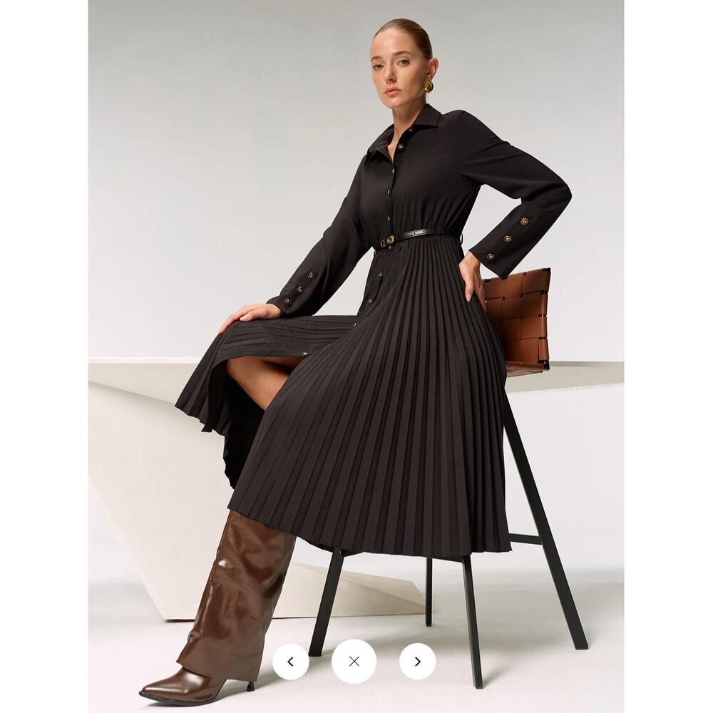 Commense Metal Button Belted Pleated Shirt Dress Sz S